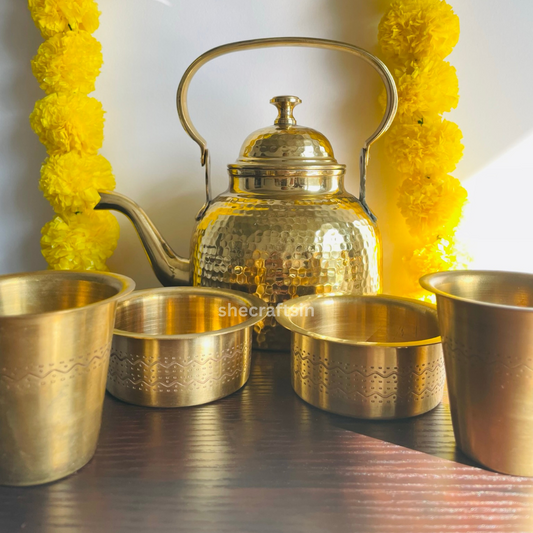 TRADITIONAL BRASS DESIGNED CHAI SET | CUP AND DABRA ( PAIR) , KETTLE