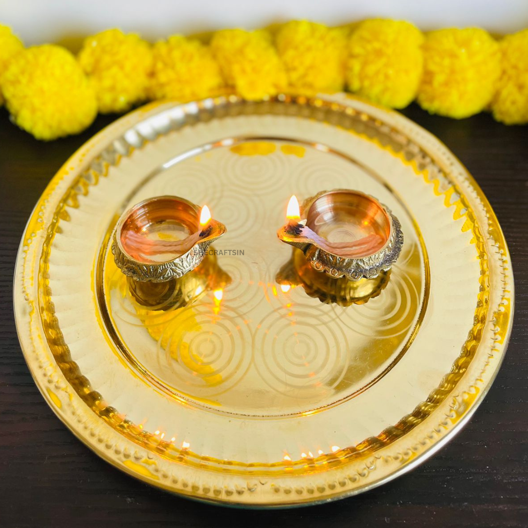 PURE BRASS SOLID THALIKA WITH 3 KUBERA LAMP | THALAM | BRASS POOJA SAMAGRI | POOJA ARATHI | DIWALI DIYA | POOJA ARATHI PLATE