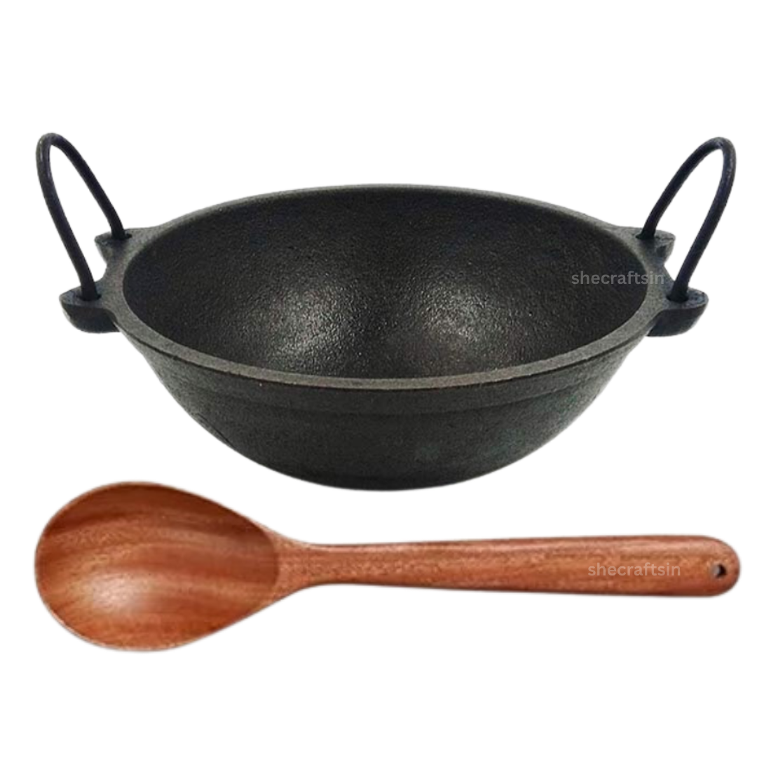 PRE- SEASONED CAST IRON KADAI 8 INCH DIA | WITH NEEM WOODEN LADLE