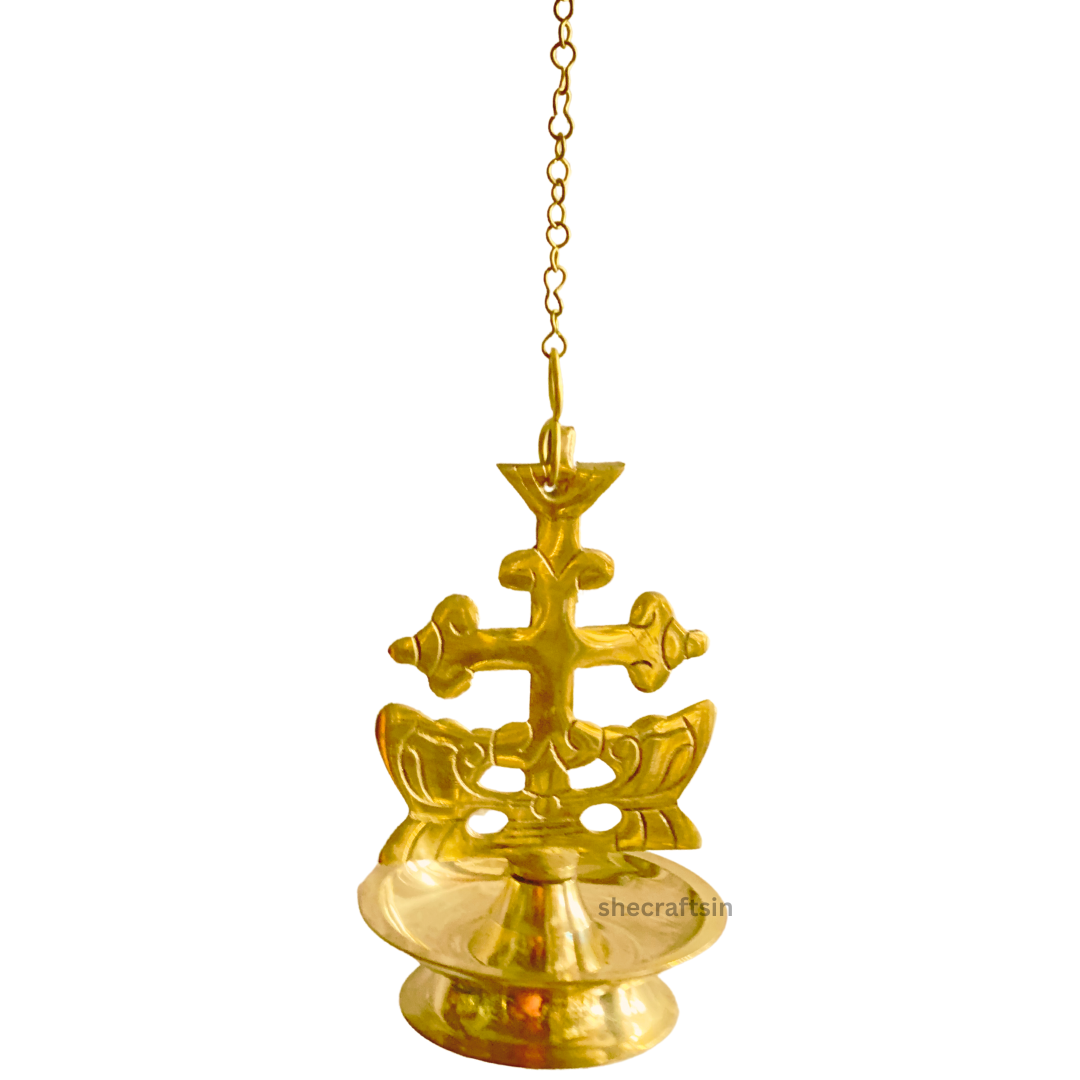 BRASS CROSS HEADED HANGING LAMP WITH CHAIN AND HOOKS