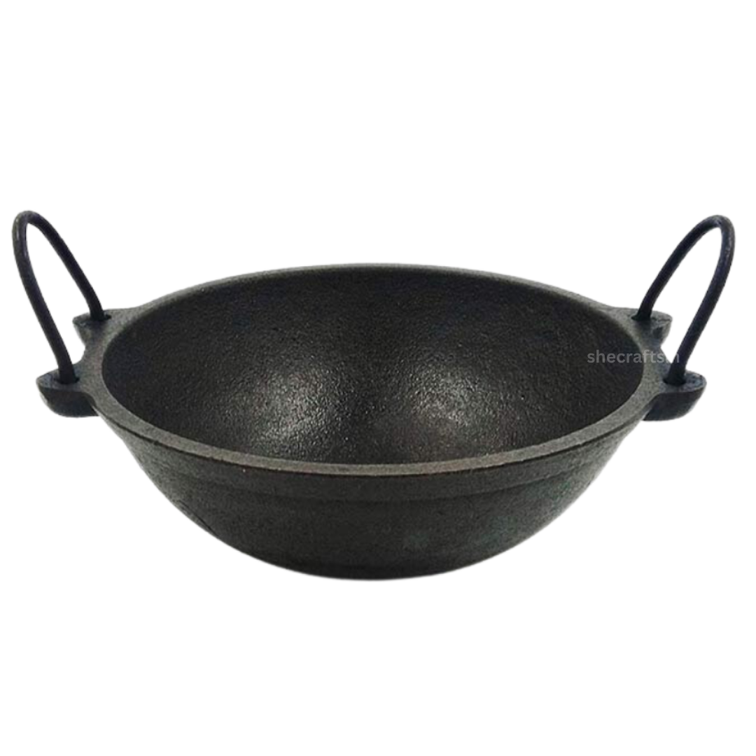 PRE- SEASONED CAST IRON KADAI 8 INCH DIA | WITH NEEM WOODEN LADLE