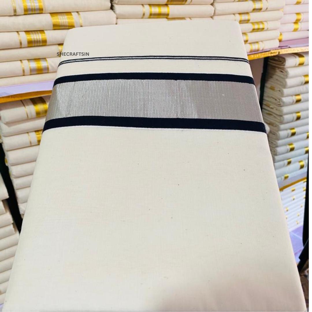 KERALA TRADITIONAL HANDLOOM DHOTHI | ONAM ATTIRE | MEN'S WEAR | PURE COTTON DHOTI |BLACK AND SILVER BORDER MUNDU | SILVER MUNDU | VESTI | DOUBLE DHOTHI | SHECRAFTSIN