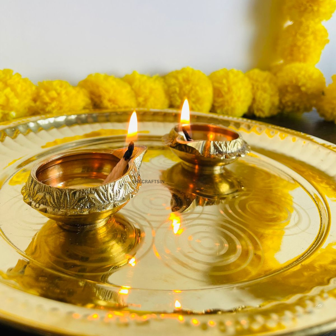 PURE BRASS SOLID THALIKA WITH 3 KUBERA LAMP | THALAM | BRASS POOJA SAMAGRI | POOJA ARATHI | DIWALI DIYA | POOJA ARATHI PLATE