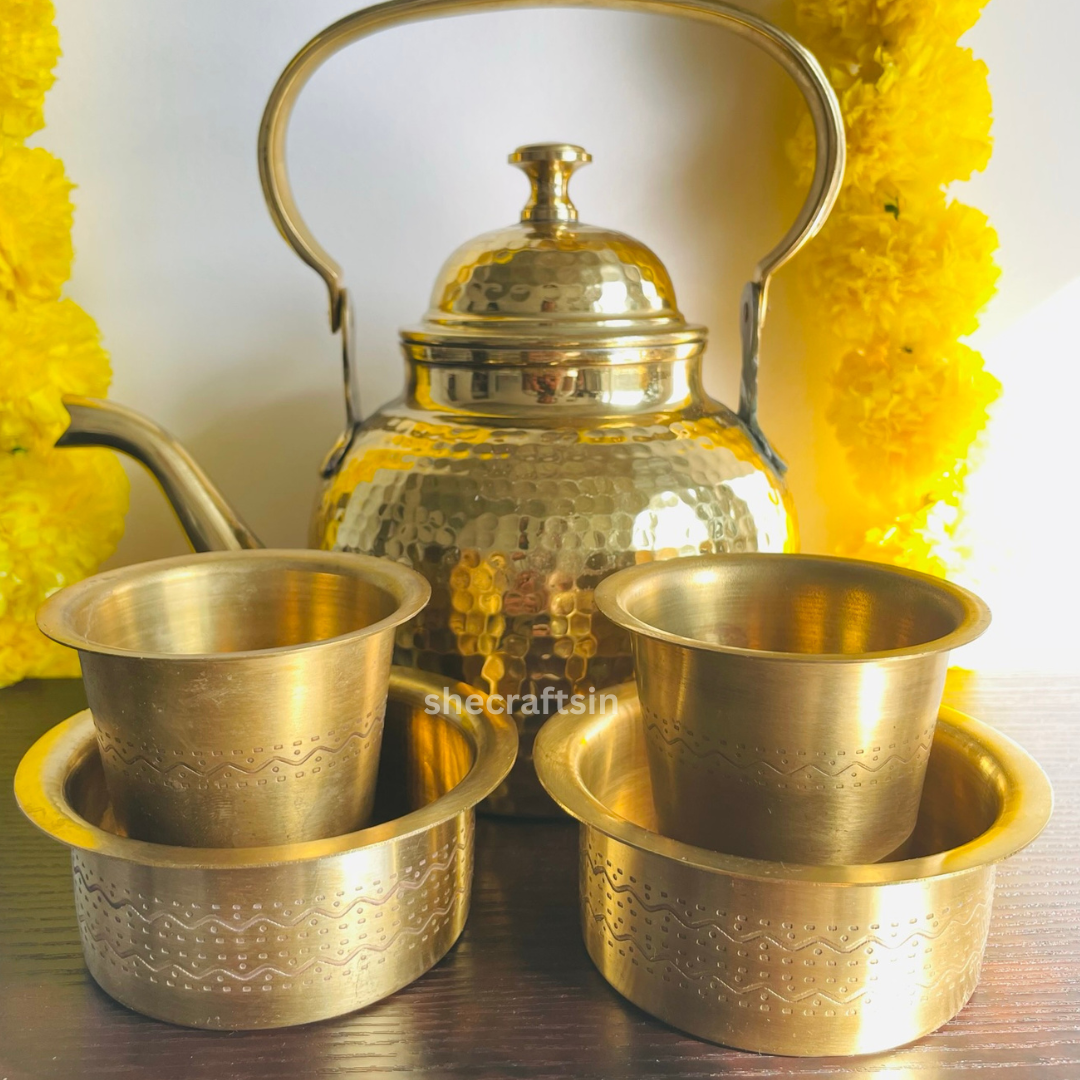 TRADITIONAL BRASS DESIGNED CHAI SET | CUP AND DABRA ( PAIR) , KETTLE