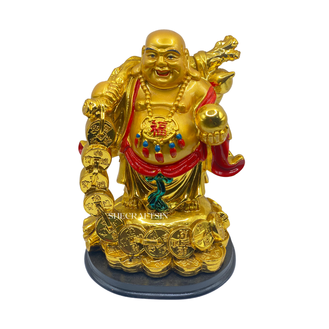 COIN LAUGHTING BUDDHA | POLYRESIN | BRINGS WEALTH AND GOOD LUCK | SHECRAFTSIN