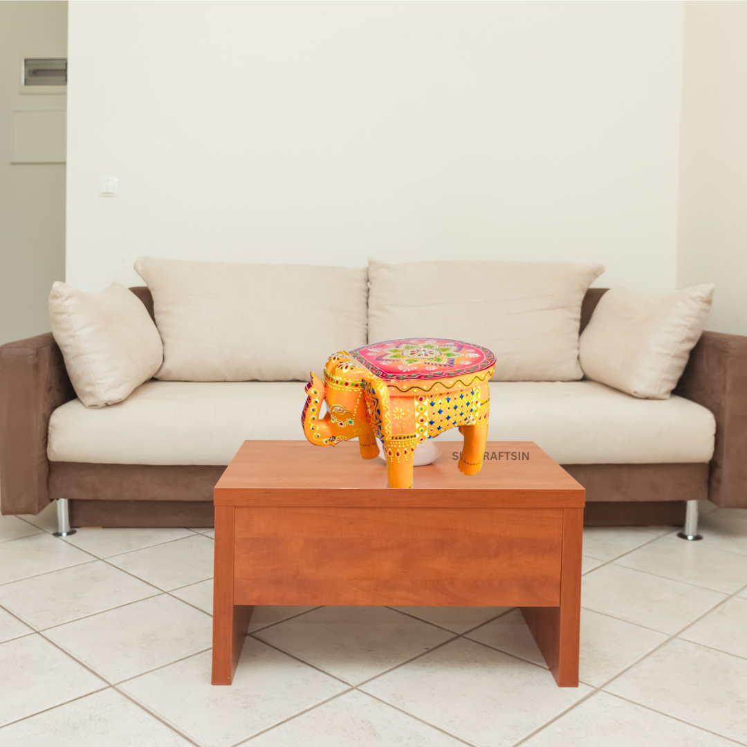 INDIAN WOODEN HANDPAINTED ELEPHANT STAND | TABLE DECOR | YELLOW