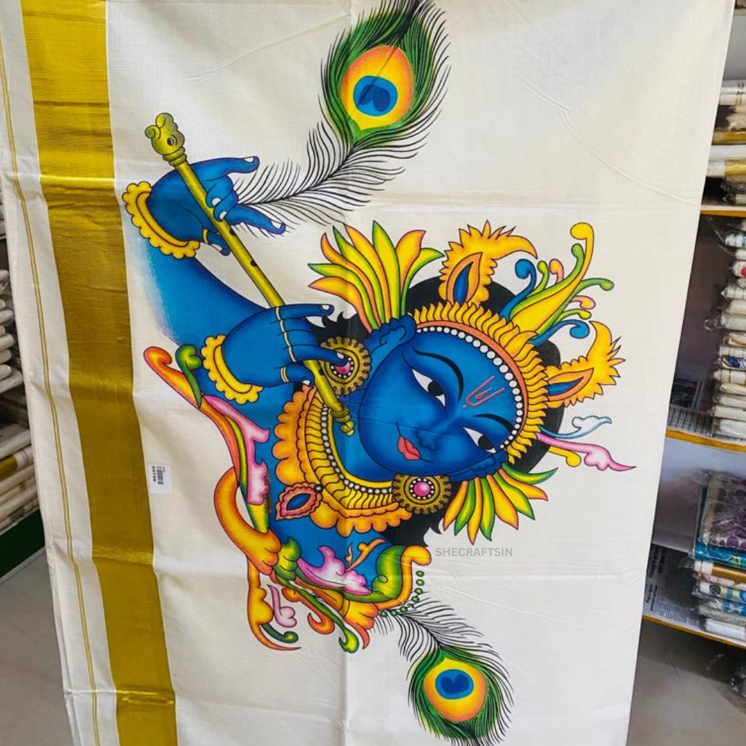 KERALA HANDLOOM KASAVU SAREE WITH LORD KRISHNA MURAL PAINTING | MURAL ART SAREE | ONAM SAREE | KERALA SAREE | KASAVU SAREE | TRADITIONAL SAREE | SHECRAFTSIN