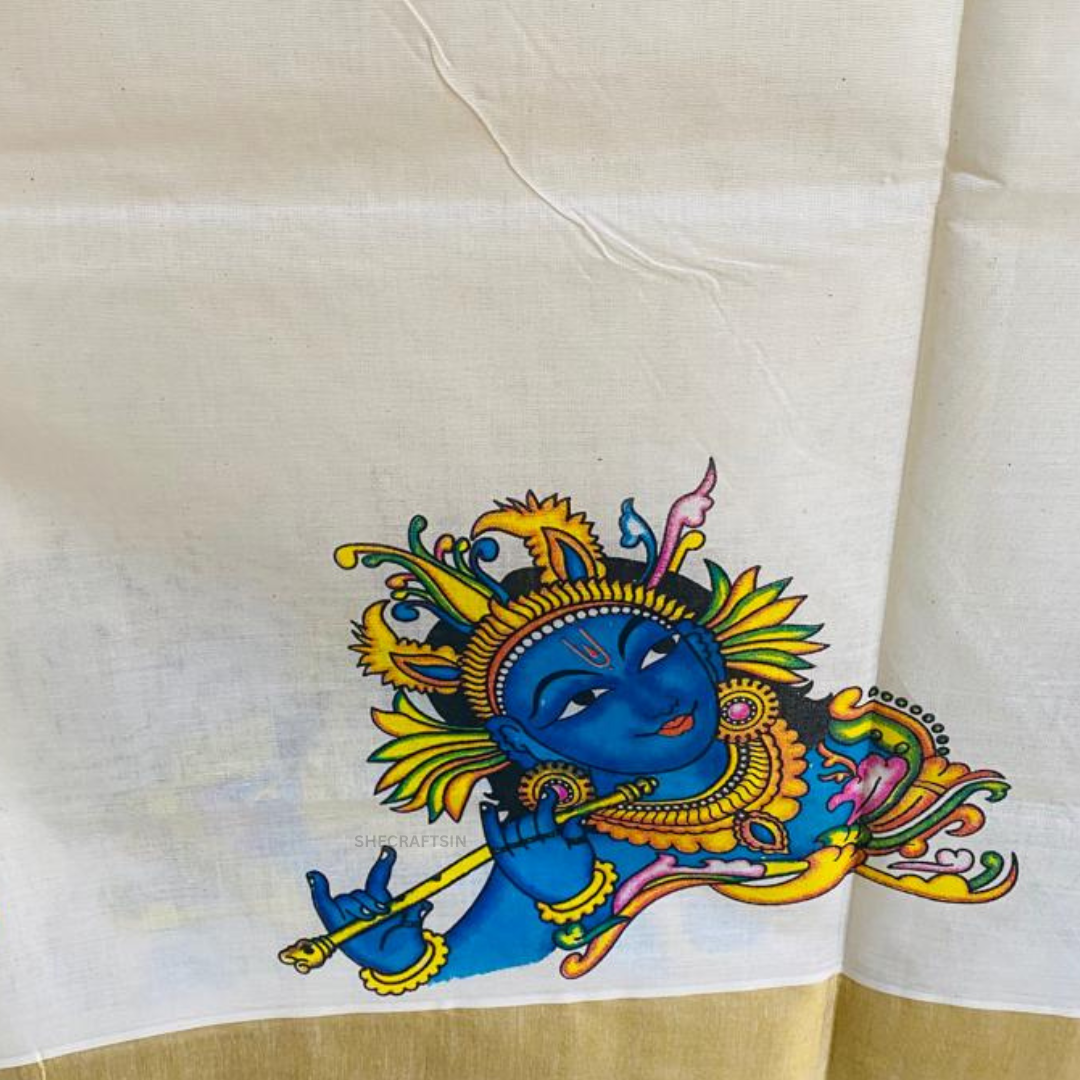 KERALA HANDLOOM KASAVU SAREE WITH LORD KRISHNA MURAL PAINTING | MURAL ART SAREE | ONAM SAREE | KERALA SAREE | KASAVU SAREE | TRADITIONAL SAREE | SHECRAFTSIN