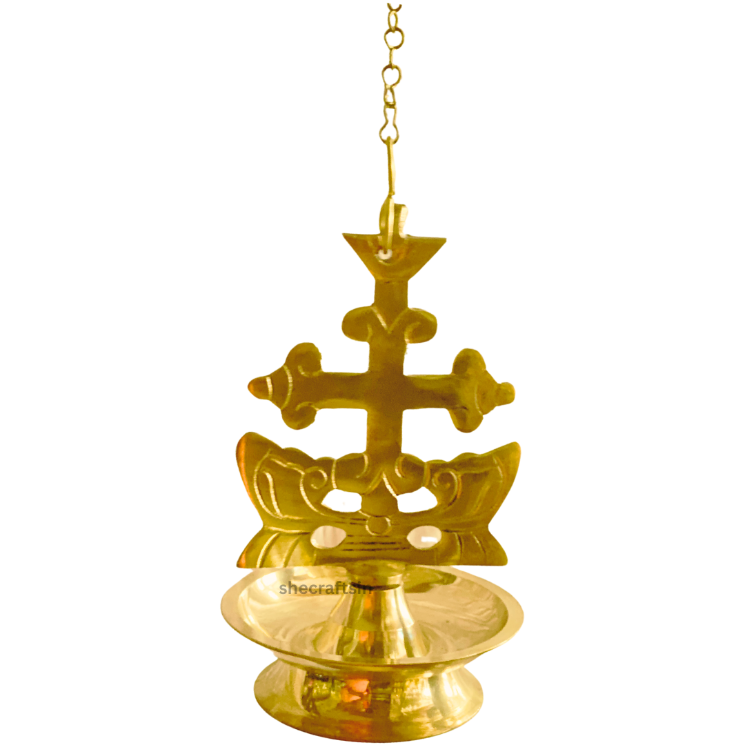 BRASS CROSS HEADED HANGING LAMP WITH CHAIN AND HOOKS