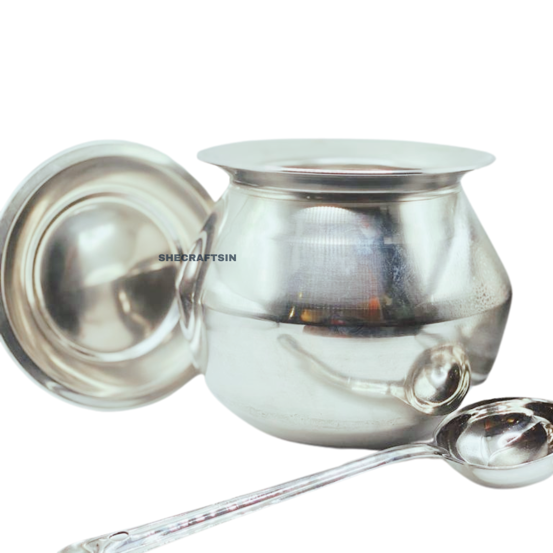 STAINLESS STEEL PONGAL POT, LID, ROUND LADLE
