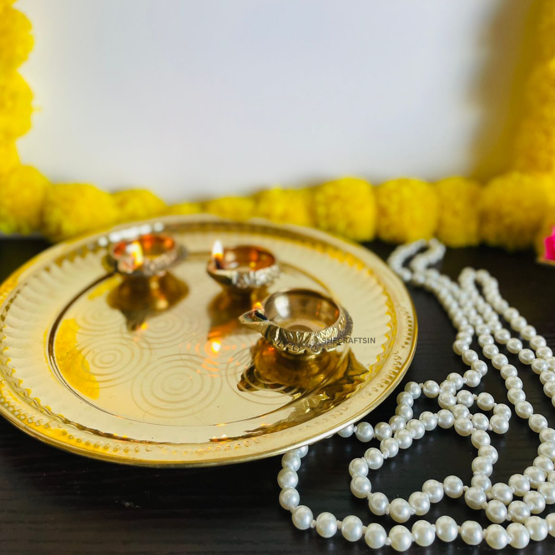 PURE BRASS SOLID THALIKA WITH 3 KUBERA LAMP | THALAM | BRASS POOJA SAMAGRI | POOJA ARATHI | DIWALI DIYA | POOJA ARATHI PLATE