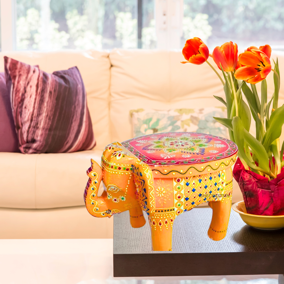 INDIAN WOODEN HANDPAINTED ELEPHANT STAND | TABLE DECOR | YELLOW