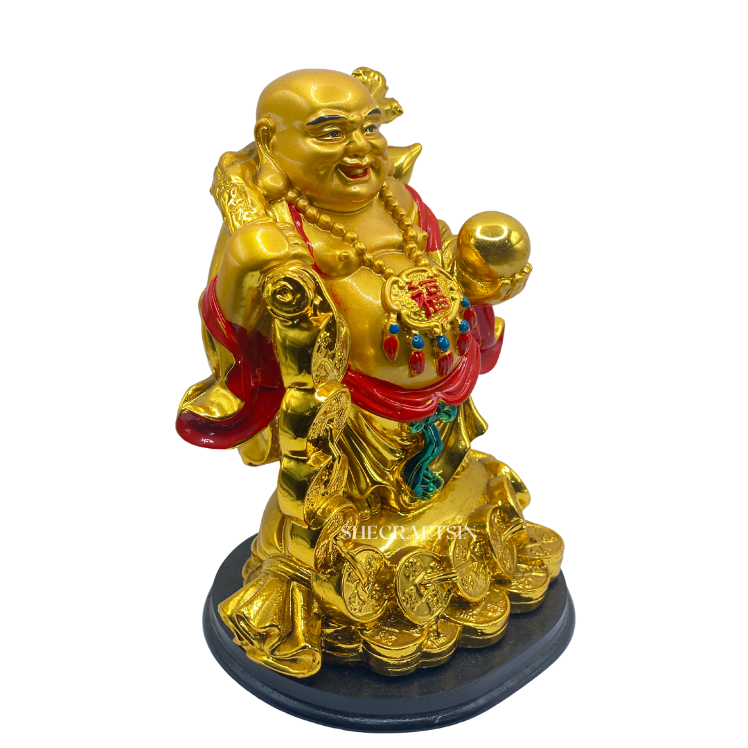COIN LAUGHTING BUDDHA | POLYRESIN | BRINGS WEALTH AND GOOD LUCK | SHECRAFTSIN