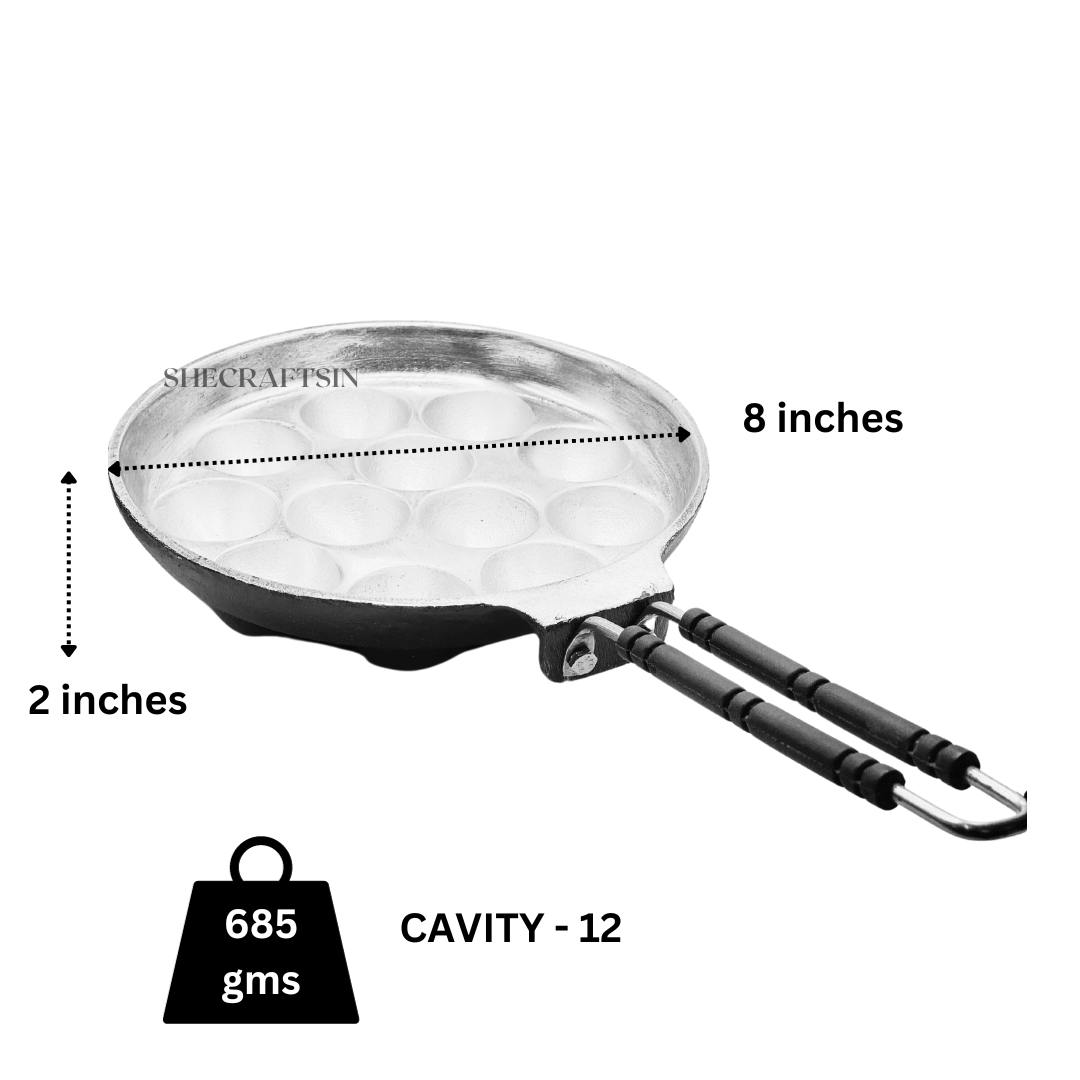 INDALIUM UNNIYAPPAM PAN WITH HANDLE | 12 CAVITY | PANIYARAM PAN