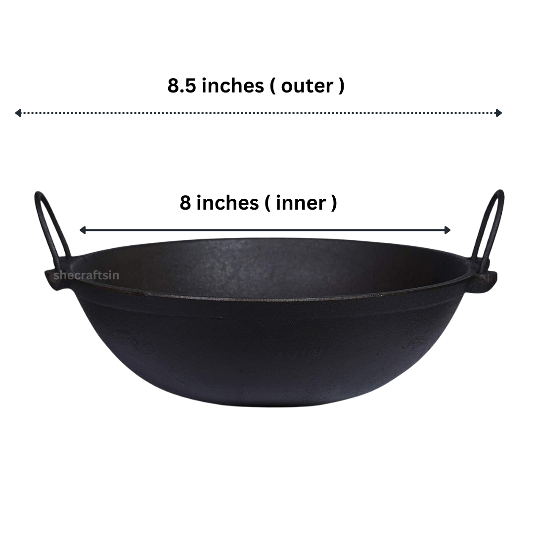 PRE- SEASONED CAST IRON KADAI 8 INCH DIA | WITH NEEM WOODEN LADLE