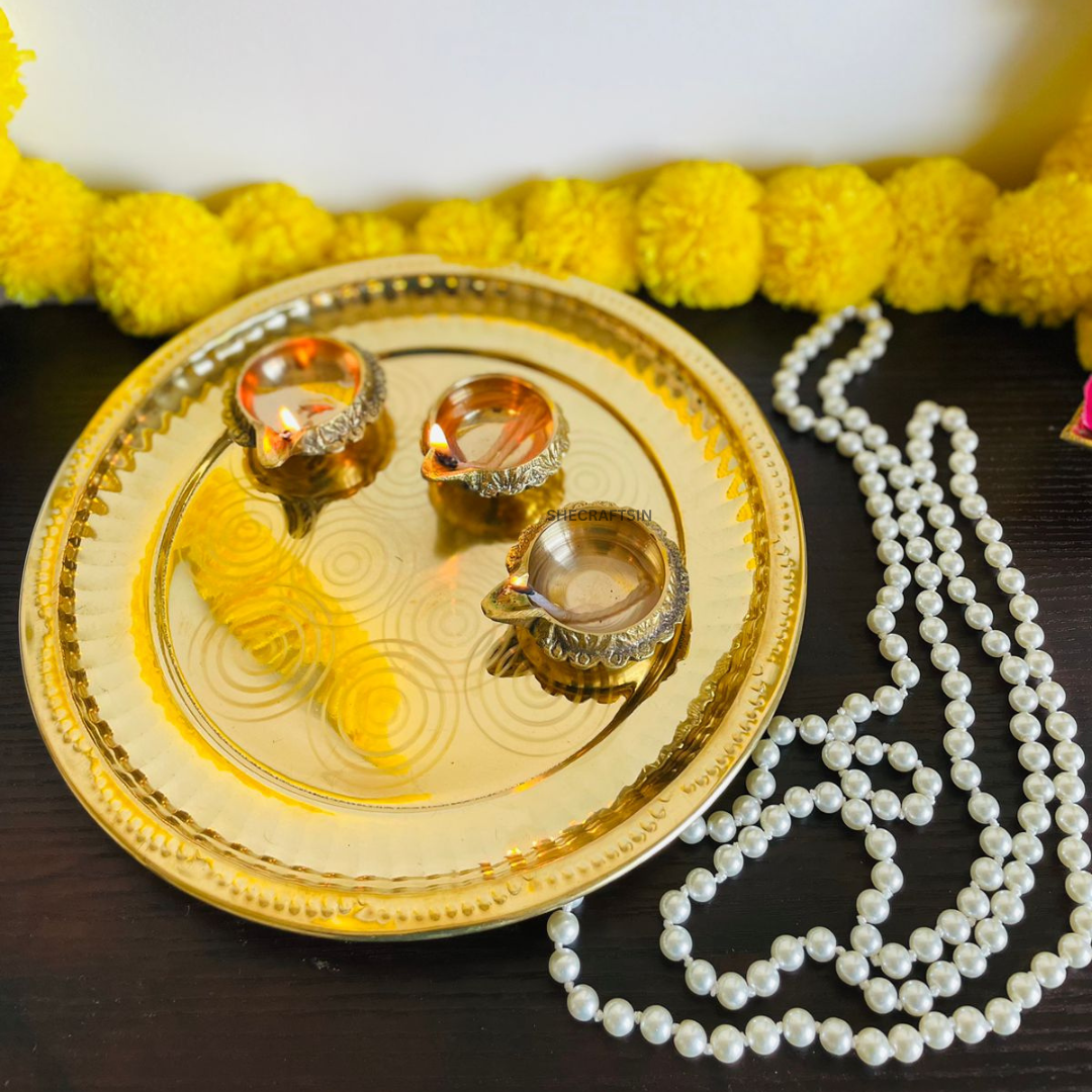 PURE BRASS SOLID THALIKA WITH 3 KUBERA LAMP | THALAM | BRASS POOJA SAMAGRI | POOJA ARATHI | DIWALI DIYA | POOJA ARATHI PLATE