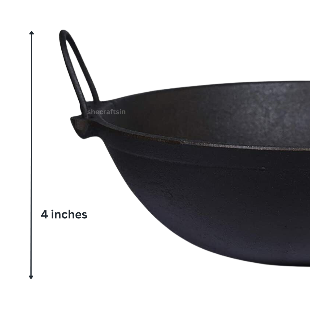 PRE- SEASONED CAST IRON KADAI 8 INCH DIA | WITH NEEM WOODEN LADLE