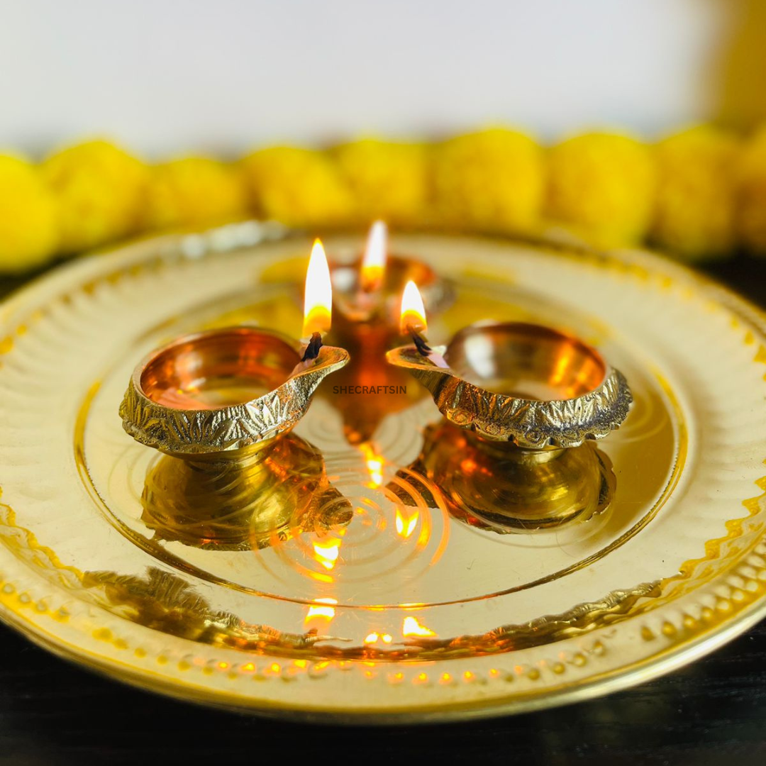 PURE BRASS SOLID THALIKA WITH 3 KUBERA LAMP | THALAM | BRASS POOJA SAMAGRI | POOJA ARATHI | DIWALI DIYA | POOJA ARATHI PLATE