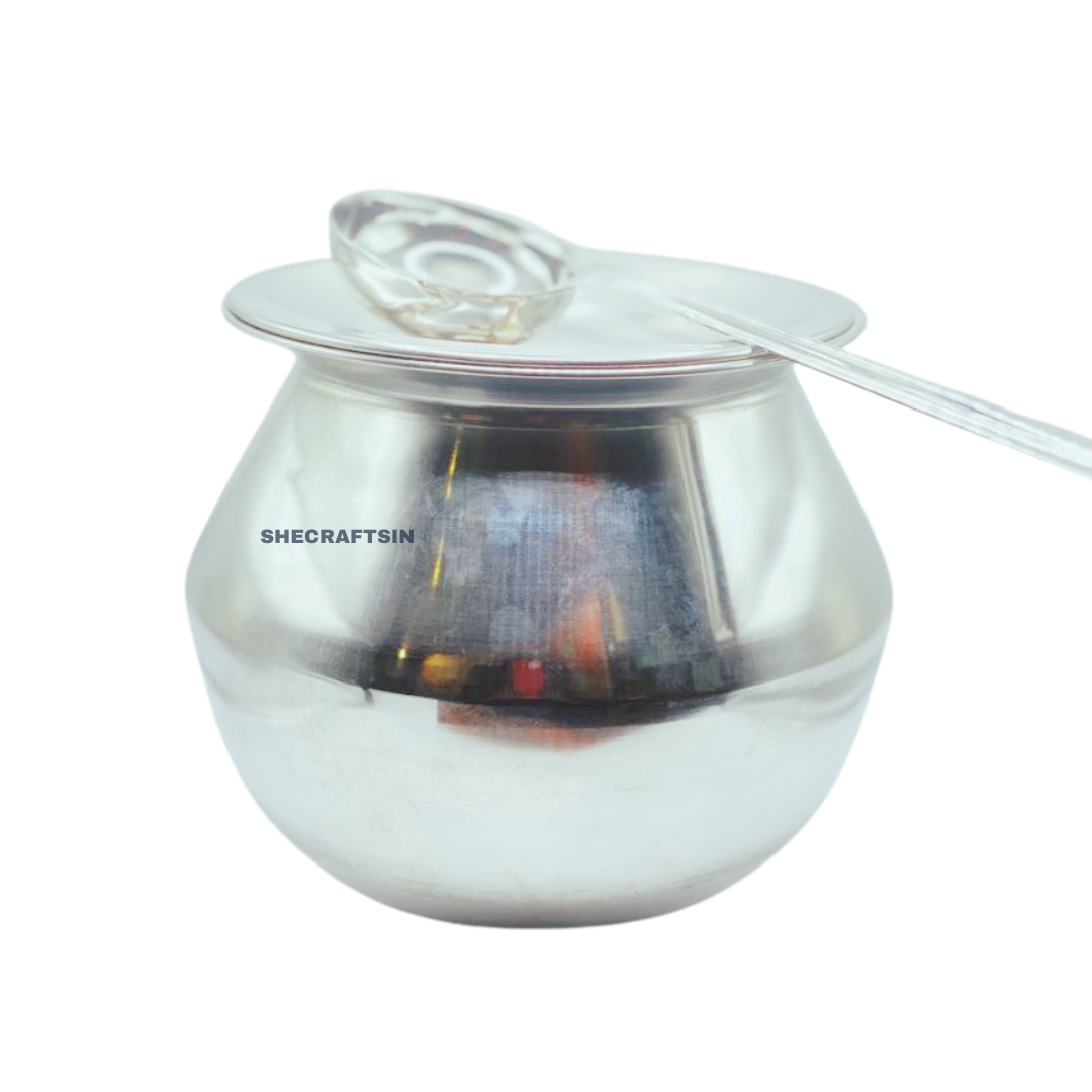 STAINLESS STEEL PONGAL POT, LID, ROUND LADLE