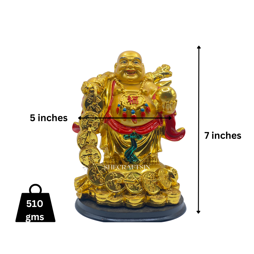 COIN LAUGHTING BUDDHA | POLYRESIN | BRINGS WEALTH AND GOOD LUCK | SHECRAFTSIN
