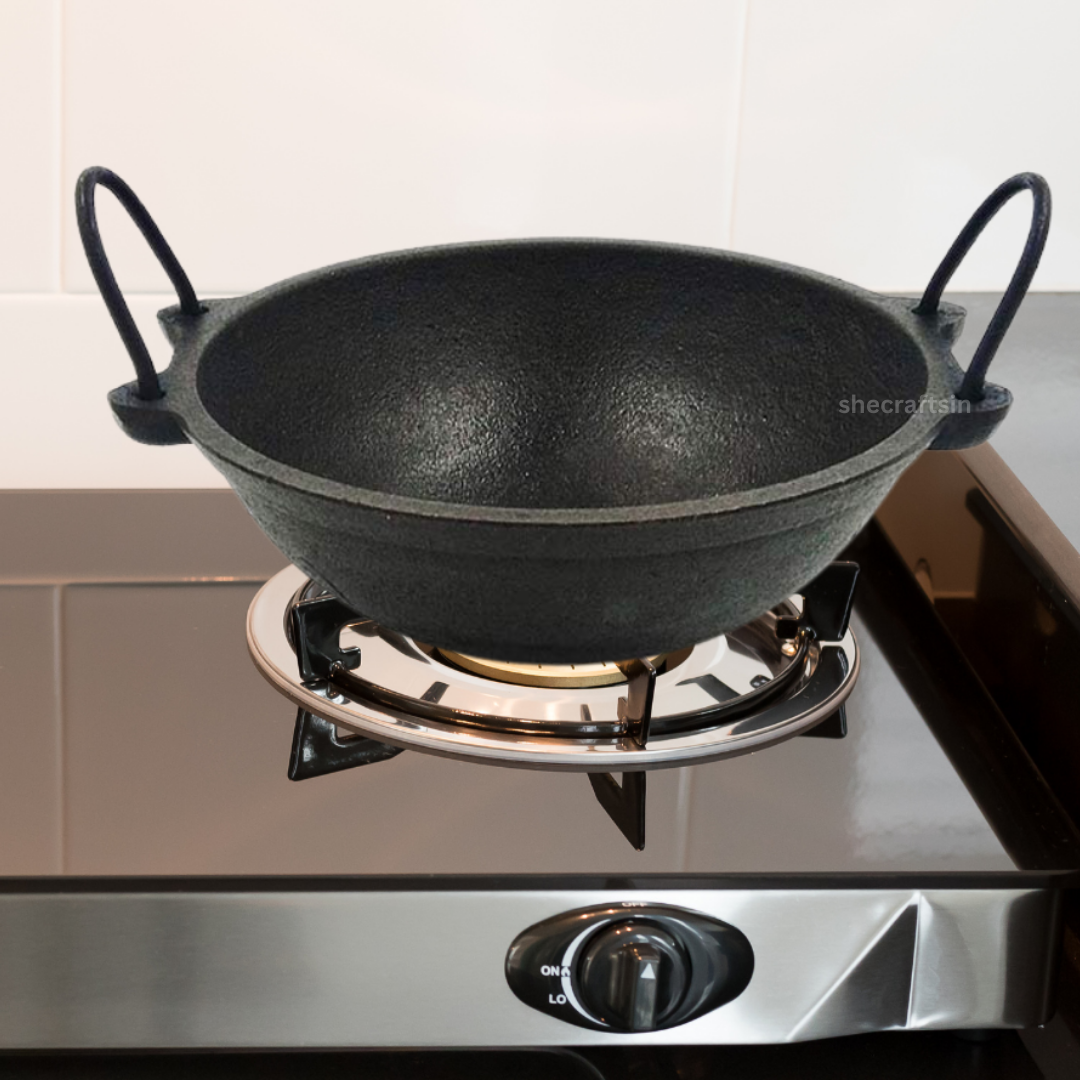 PRE- SEASONED CAST IRON KADAI 8 INCH DIA | WITH NEEM WOODEN LADLE