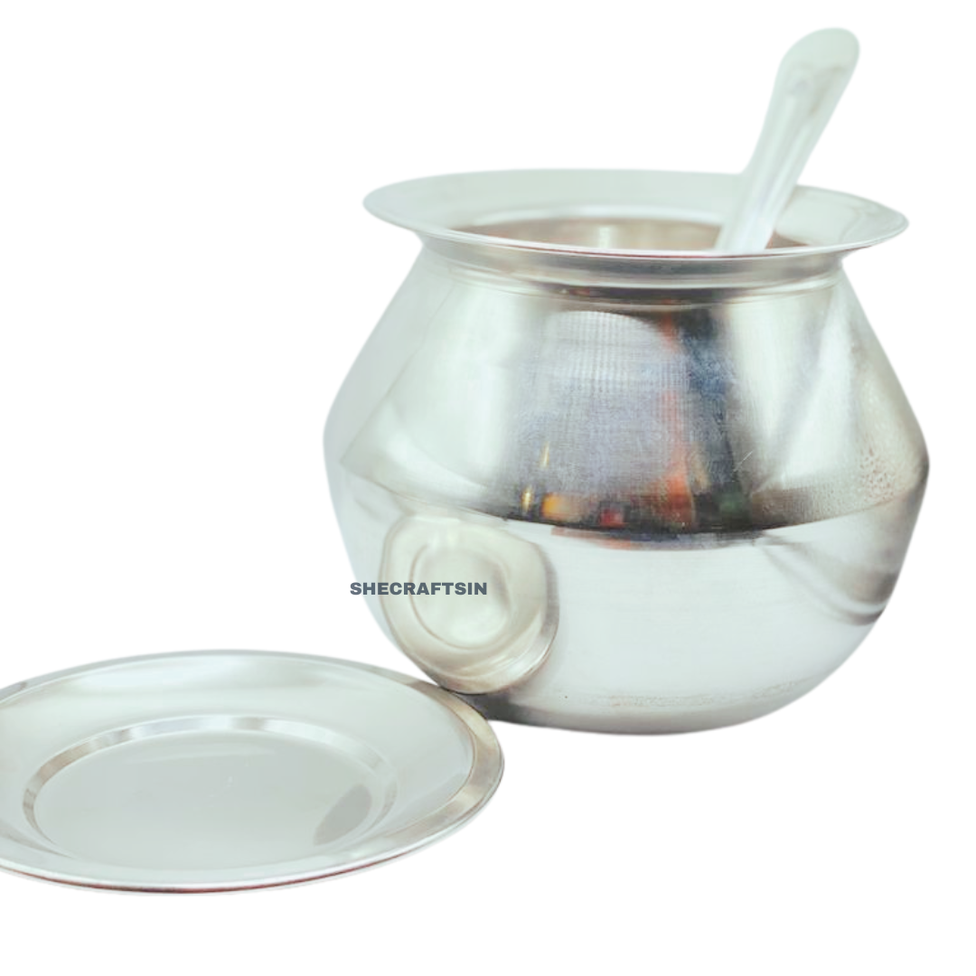 STAINLESS STEEL PONGAL POT, LID, ROUND LADLE