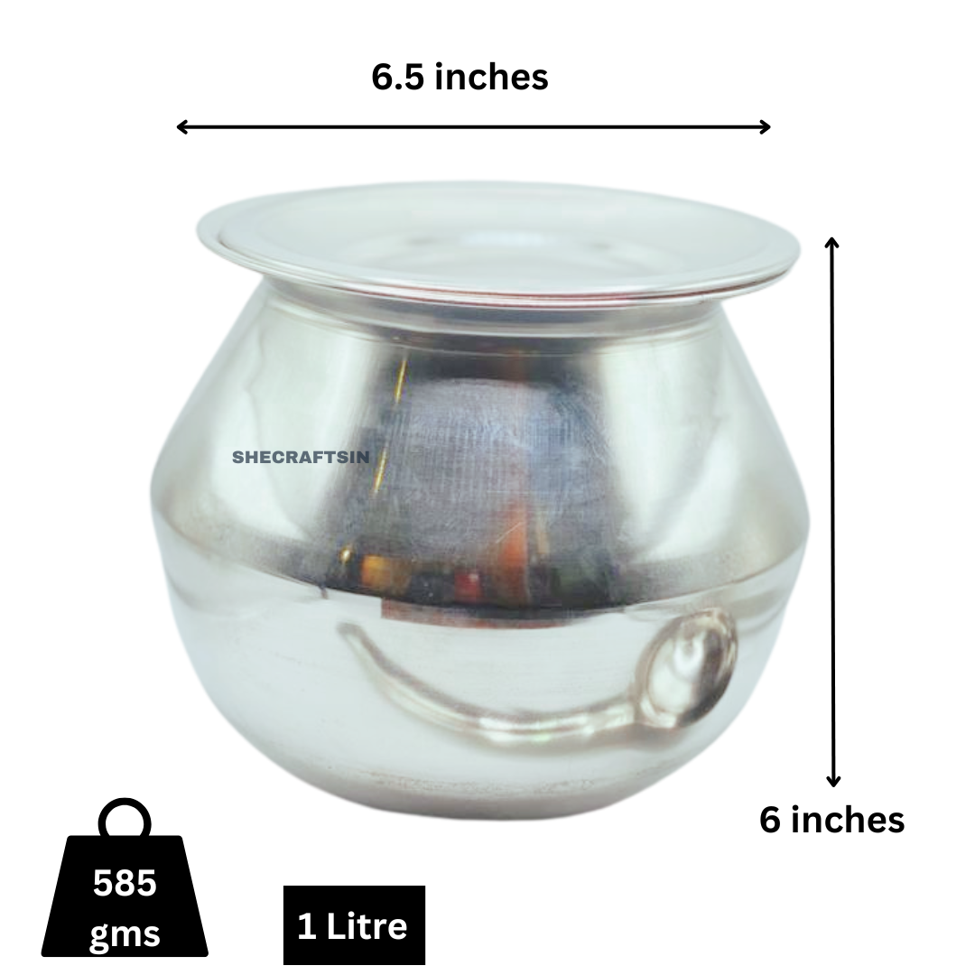 STAINLESS STEEL PONGAL POT, LID, ROUND LADLE