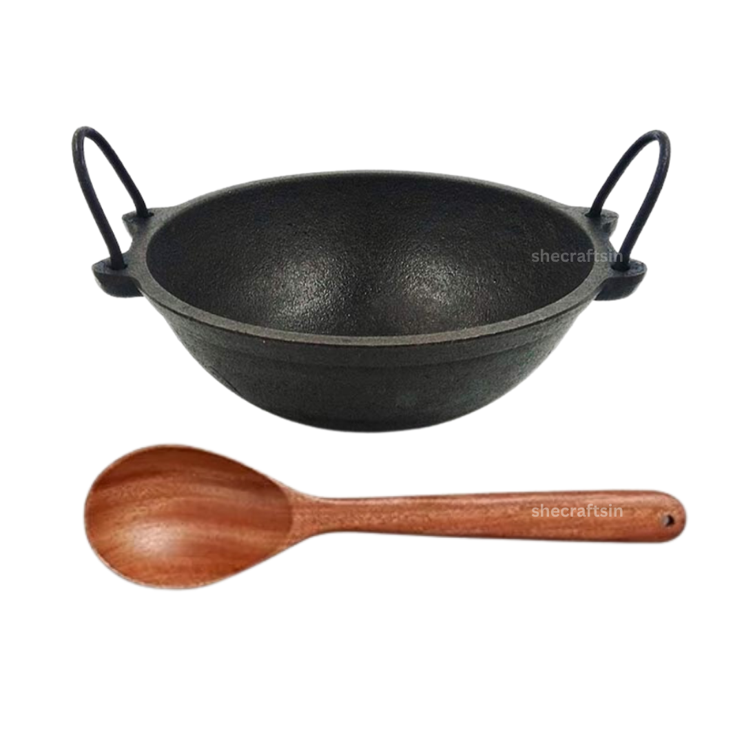 PRE- SEASONED CAST IRON KADAI 8 INCH DIA | WITH NEEM WOODEN LADLE