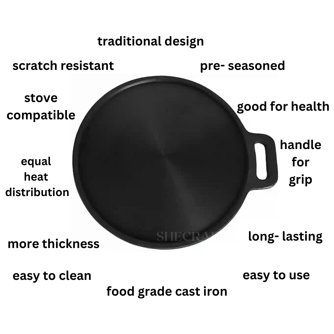 PRE-SEASONED CAST IRON DOSA TAWA (12 INCH DIA )| TRADITIONAL COOKWARE WITH FLAT BOTTOM AND HANDLE | READY TO USE | FLAT | ROTI, CHAPPATHI / PAARTHA | DOSA | SHECRAFTSIN