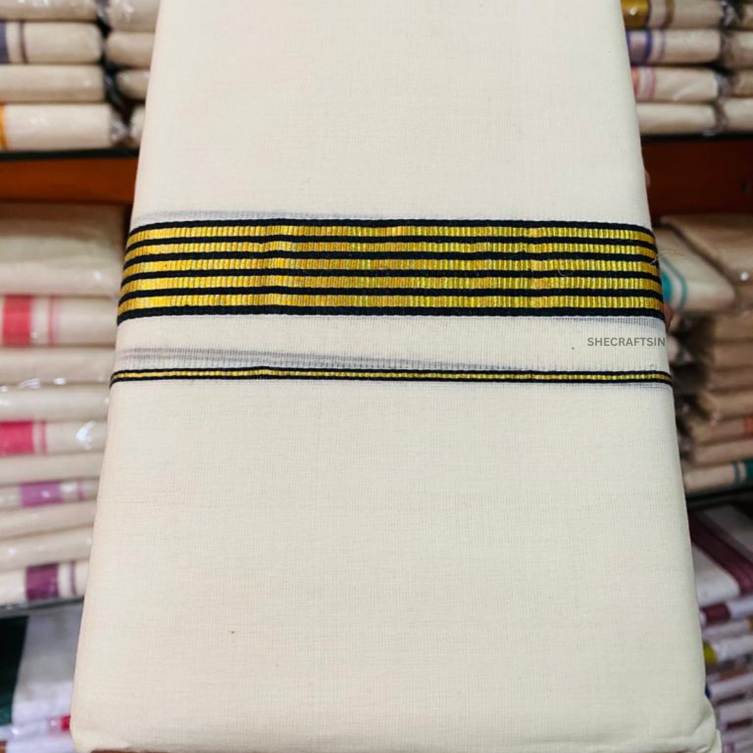 KERALA HANDLOOM DHOTHI | BLACK AND GOLDEN THIN LAYER BORDER | BALARAMAPURAM DHOTHI | IVORY | COTTON KASAVU MUNDU