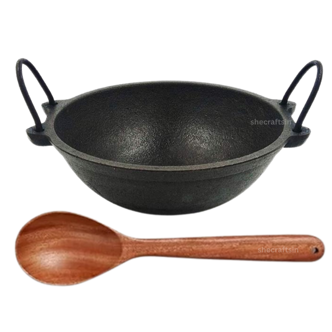 PRE- SEASONED CAST IRON KADAI WITH NEEM WOODEN LADLE