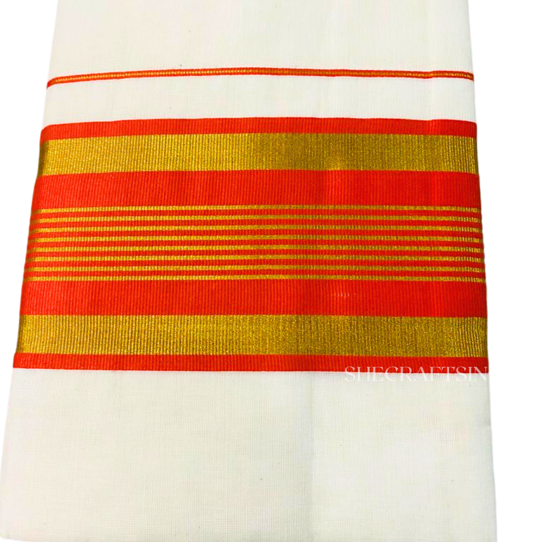 KERALA HANDLOOM KASAVU SAREE WITH ORANGE BORDER FOR ONAM | TRADITIONAL COTTON KASAVU SAREE