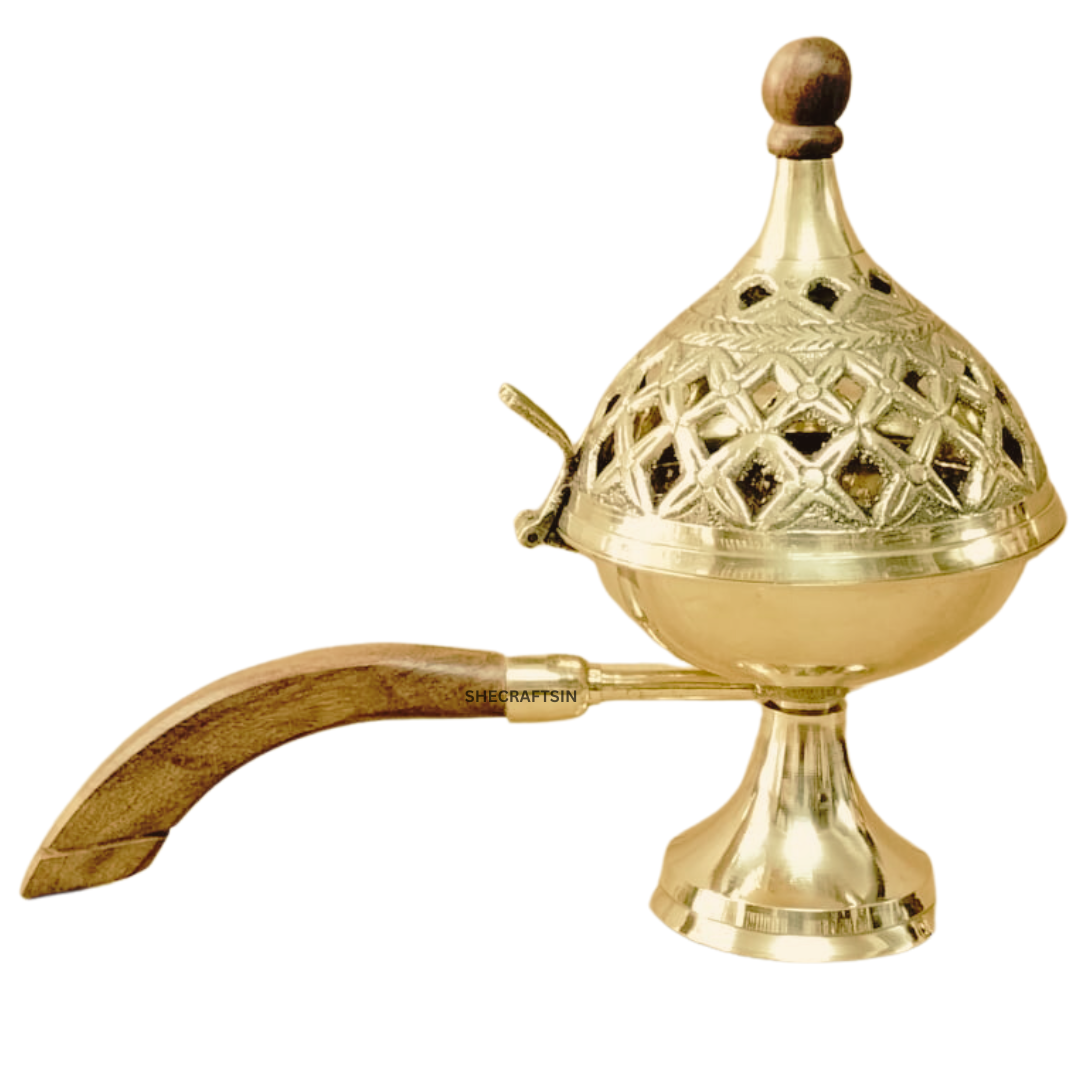 BRASS  DHOOP HOLDEN WITH WOODEN HANDLE | DHOOP DHANI | DHOOPAKUTTI | HOME FRAGRANCE