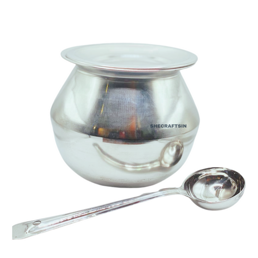 STAINLESS STEEL PONGAL POT, LID, ROUND LADLE