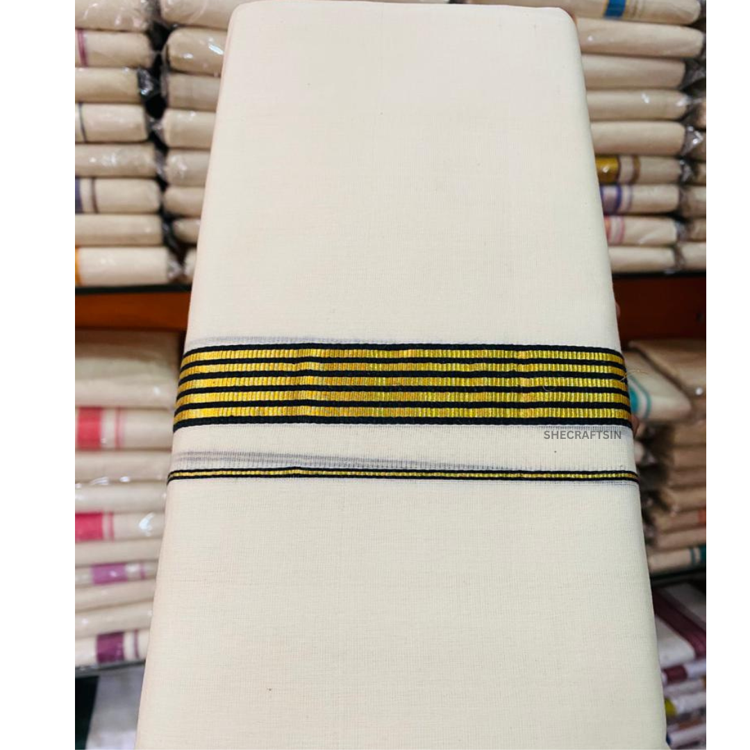 KERALA HANDLOOM DHOTHI | BLACK AND GOLDEN THIN LAYER BORDER | BALARAMAPURAM DHOTHI | IVORY | COTTON KASAVU MUNDU