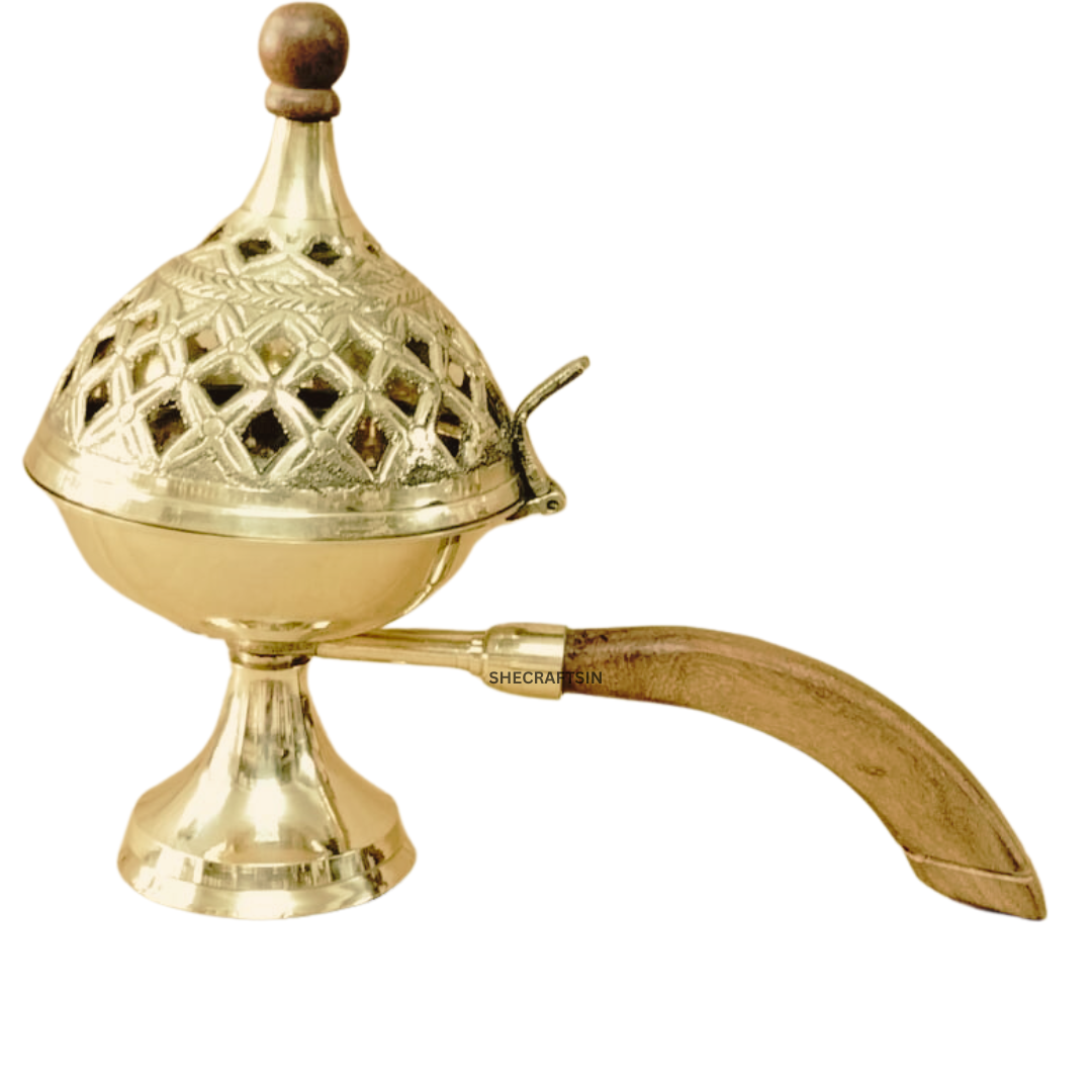 BRASS  DHOOP HOLDEN WITH WOODEN HANDLE | DHOOP DHANI | DHOOPAKUTTI | HOME FRAGRANCE