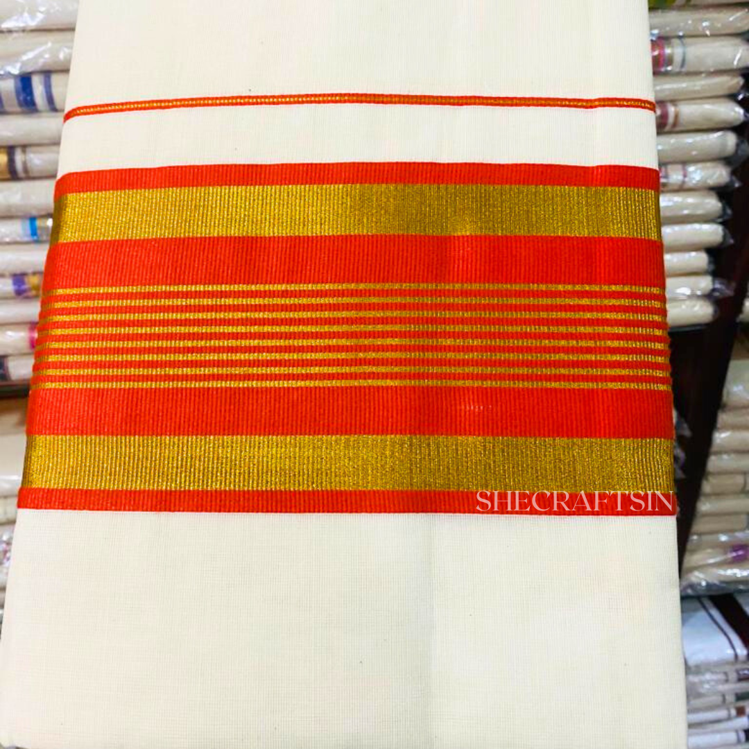 KERALA HANDLOOM KASAVU SAREE WITH ORANGE BORDER FOR ONAM | TRADITIONAL COTTON KASAVU SAREE