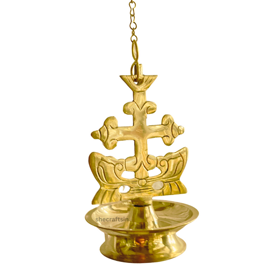 BRASS CROSS HEADED HANGING LAMP WITH CHAIN AND HOOKS