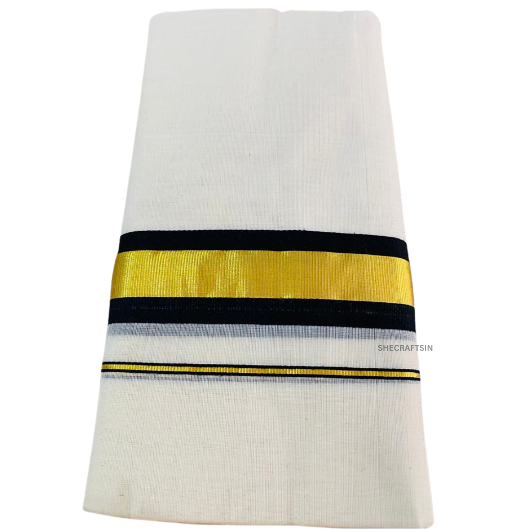 KERALA HANDLOOM DHOTHI | BLACK AND GOLDEN BORDER | IVORY | BALARAMAPURAM HANDLOOM