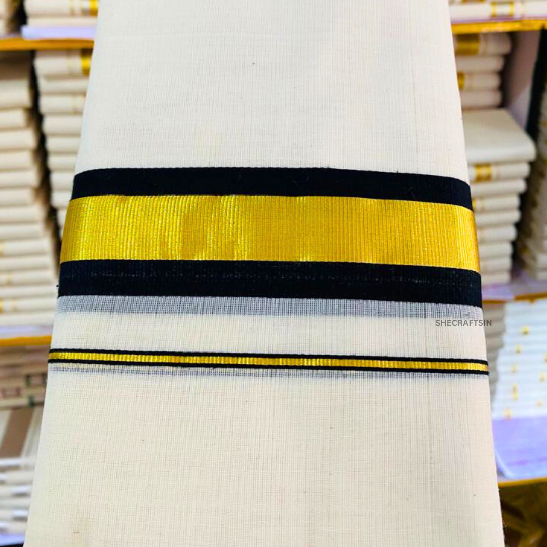 KERALA HANDLOOM DHOTHI | BLACK AND GOLDEN BORDER | IVORY | BALARAMAPURAM HANDLOOM