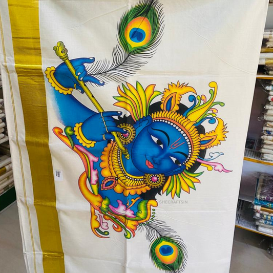 KERALA HANDLOOM KASAVU SAREE WITH LORD KRISHNA MURAL PAINTING | MURAL ART SAREE | ONAM SAREE | KERALA SAREE | KASAVU SAREE | TRADITIONAL SAREE  | SHECRAFTSIN