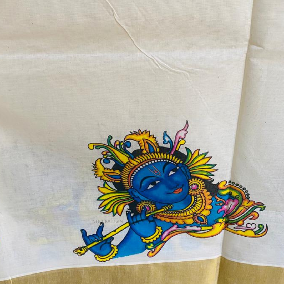 KERALA HANDLOOM KASAVU SAREE WITH LORD KRISHNA MURAL PAINTING | MURAL ART SAREE | ONAM SAREE | KERALA SAREE | KASAVU SAREE | TRADITIONAL SAREE  | SHECRAFTSIN