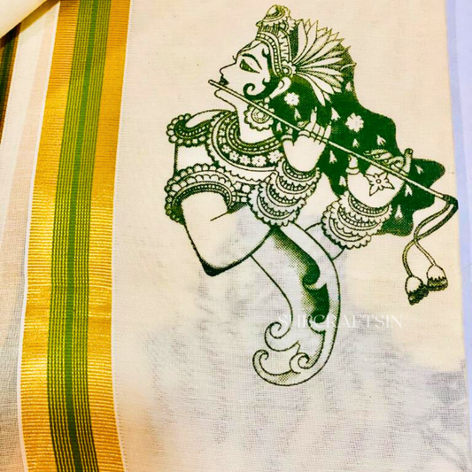 KERALA HANDLOOM SET AND MUNDU WITH GREEN KRISHNA WITH FLUTE DESIGN | ONAM , VISHU ATTIRE | ETHNIC WEAR| TRADITIONAL WEAR