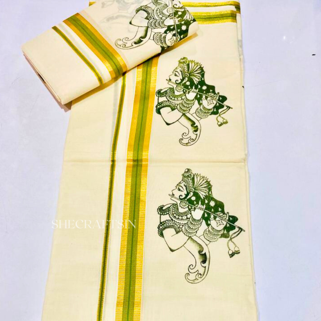 KERALA HANDLOOM SET AND MUNDU WITH GREEN KRISHNA WITH FLUTE DESIGN | ONAM , VISHU ATTIRE | ETHNIC WEAR| TRADITIONAL WEAR