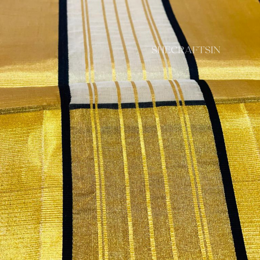 KERALA HANDLOOM TTRADITIONAL TISSUE SAREE WITH GOLD AND BLACK BORDER | ONAM SAREE