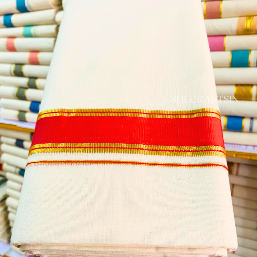 KERALA HANDLOOM DHOTHI FOR ONAM | ONAM ATTIRE | COTTON KASAVU MUNDU | ORANGE AND GOLDEN BORDER | SHECRAFTSIN