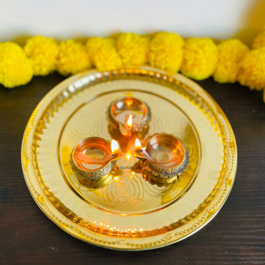 PURE BRASS SOLID THALIKA  WITH 3 KUBERA LAMP | THALAM | BRASS POOJA SAMAGRI | POOJA ARATHI | DIWALI DIYA | POOJA ARATHI PLATE