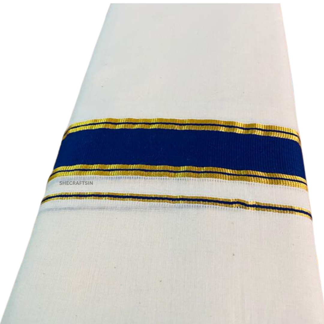 KERALA HANDLOOM DHOTHI | BALARAMAPURAM DHOTHI | BLUE AND GOLDEN BORDER | IVORY | COTTON KASAVU MUNDU