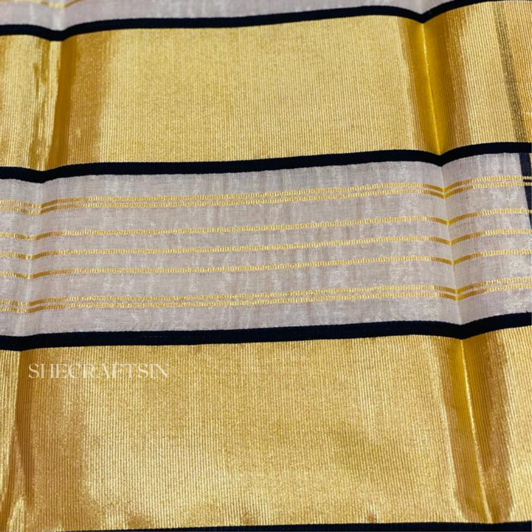 KERALA HANDLOOM TTRADITIONAL TISSUE SAREE WITH GOLD AND BLACK BORDER | ONAM SAREE