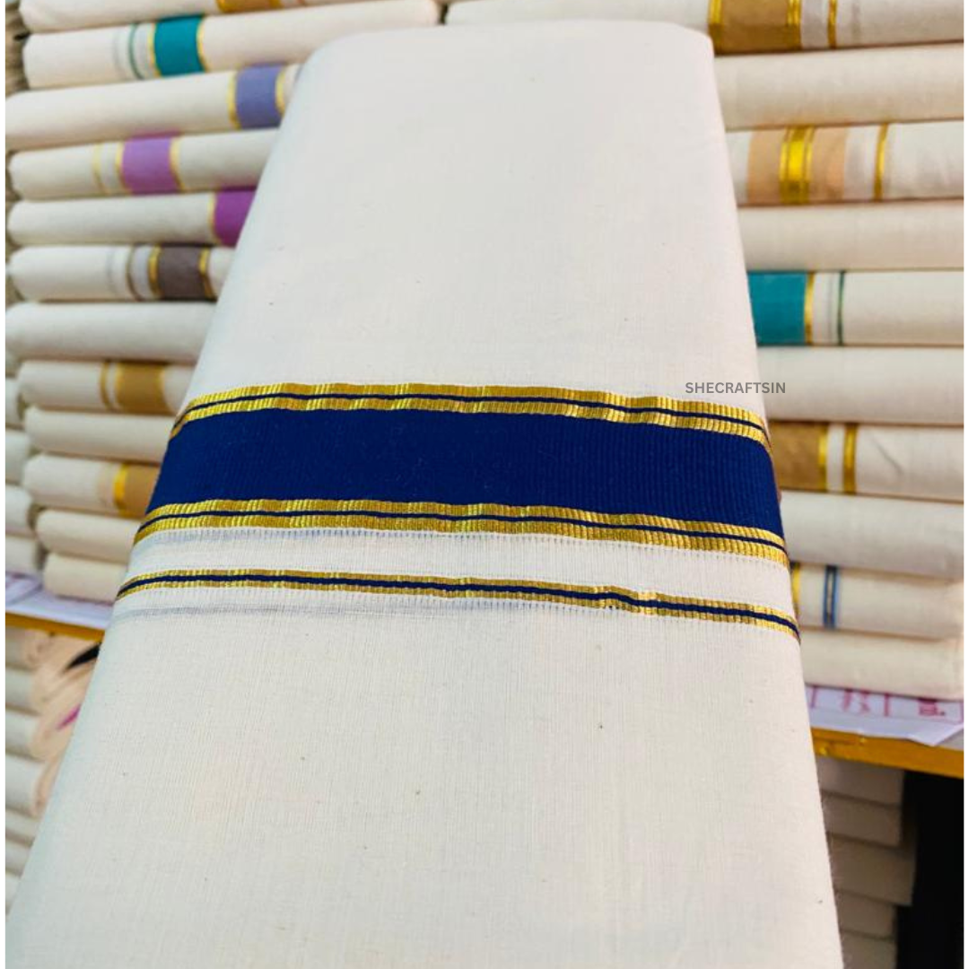 KERALA HANDLOOM DHOTHI | BALARAMAPURAM DHOTHI | BLUE AND GOLDEN BORDER | IVORY | COTTON KASAVU MUNDU